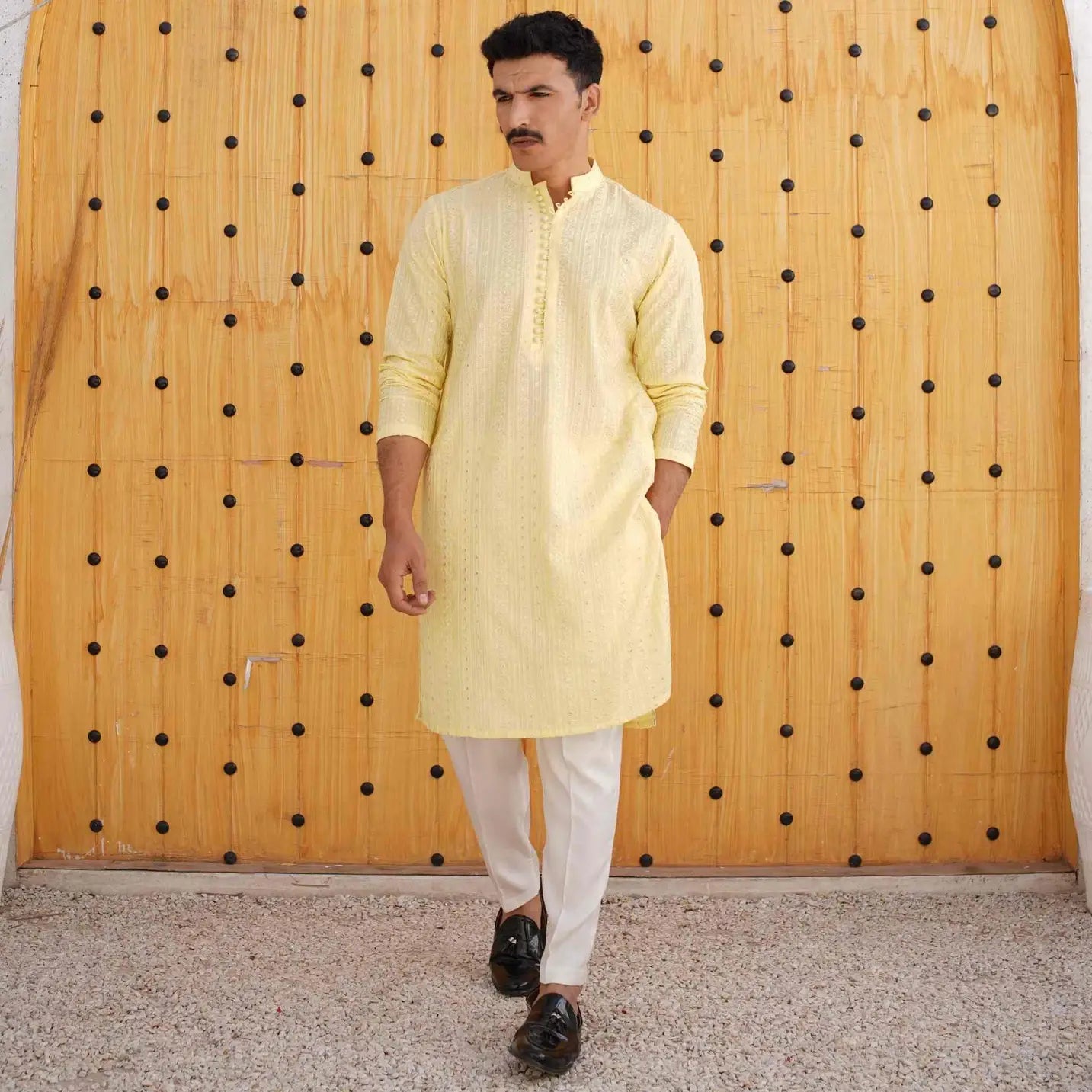 Light Yellow Kurta Pajama with Sequin Work – USA