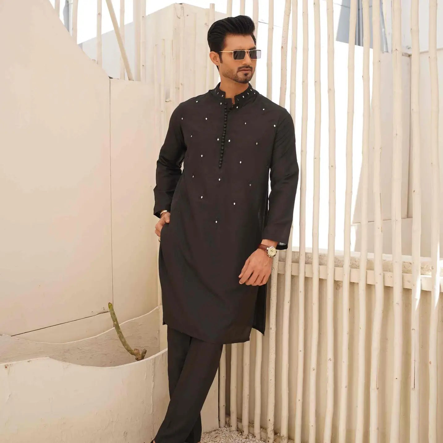 Black Kurta Pajama with Mirror Work – Eid Wear USA