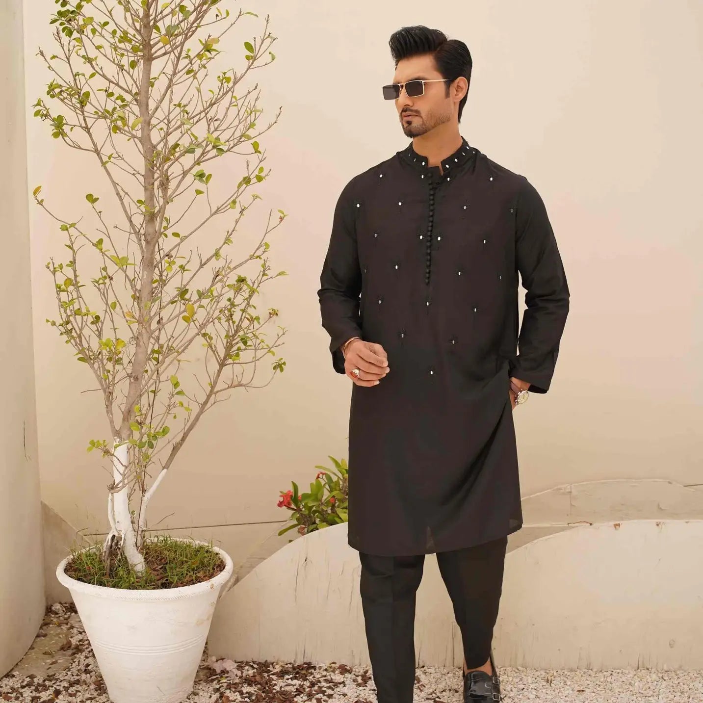 Black Kurta Pajama with Mirror Work – Eid Wear USA