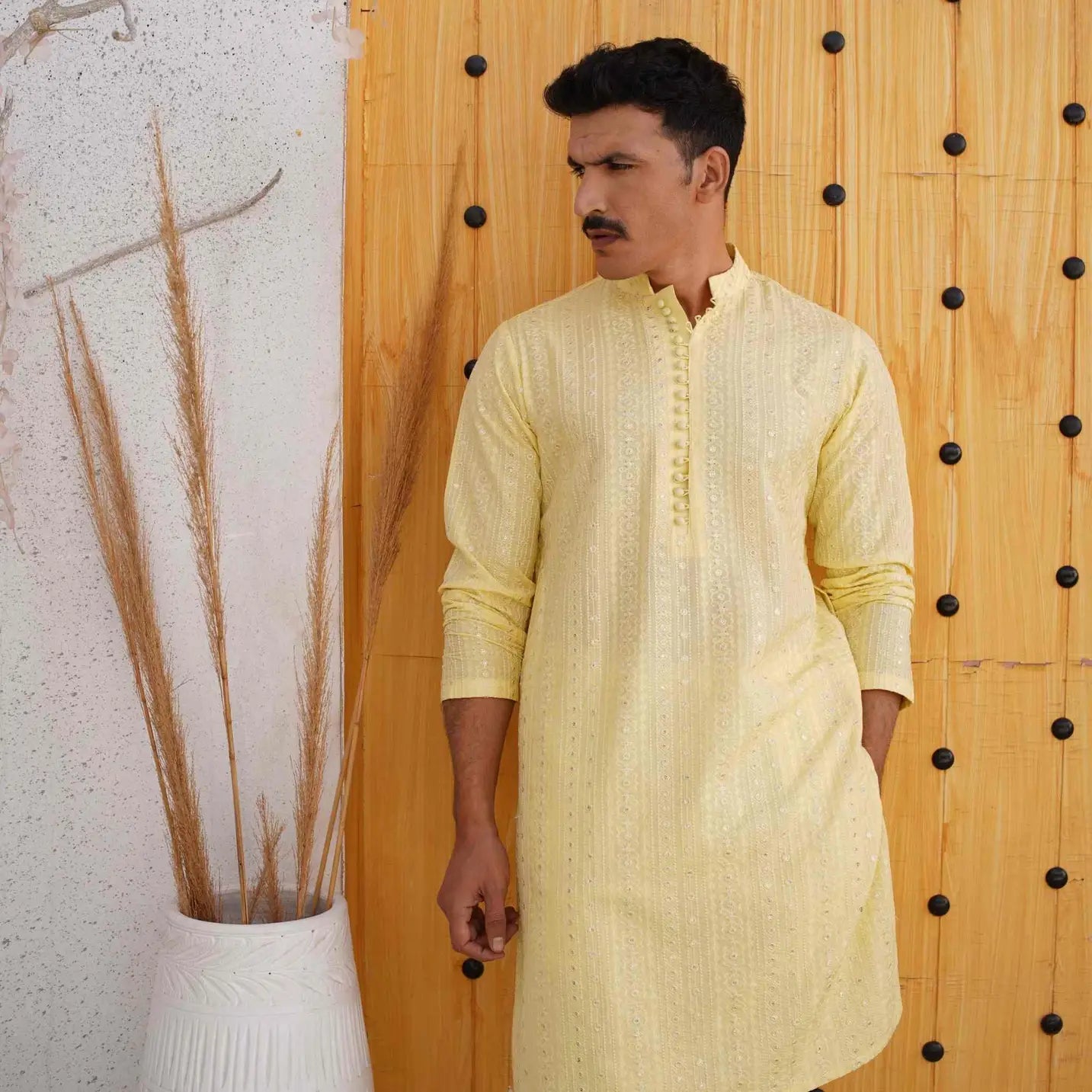 Light Yellow Kurta Pajama with Sequin Work – USA