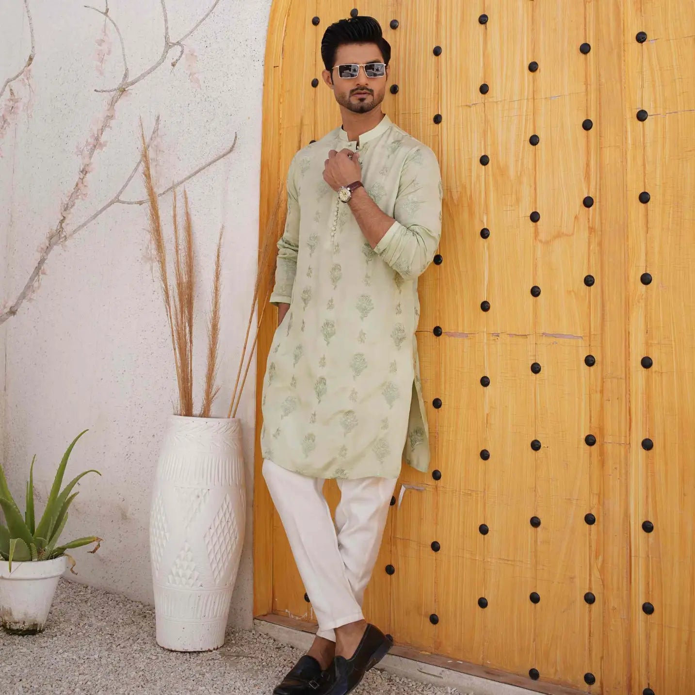 Light Green Kurta Pajama with Tilla Work – USA Eid