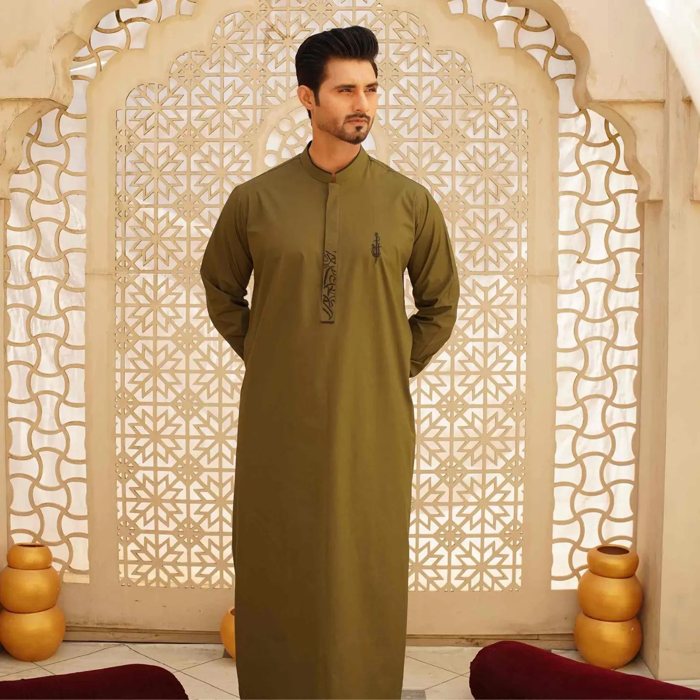 Olive Green Thobe with Arabic Embroidery – USA