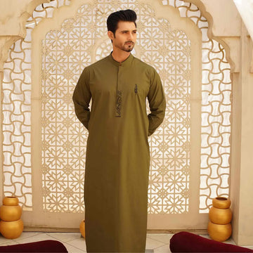 Olive Green Thobe with Arabic Embroidery – USA