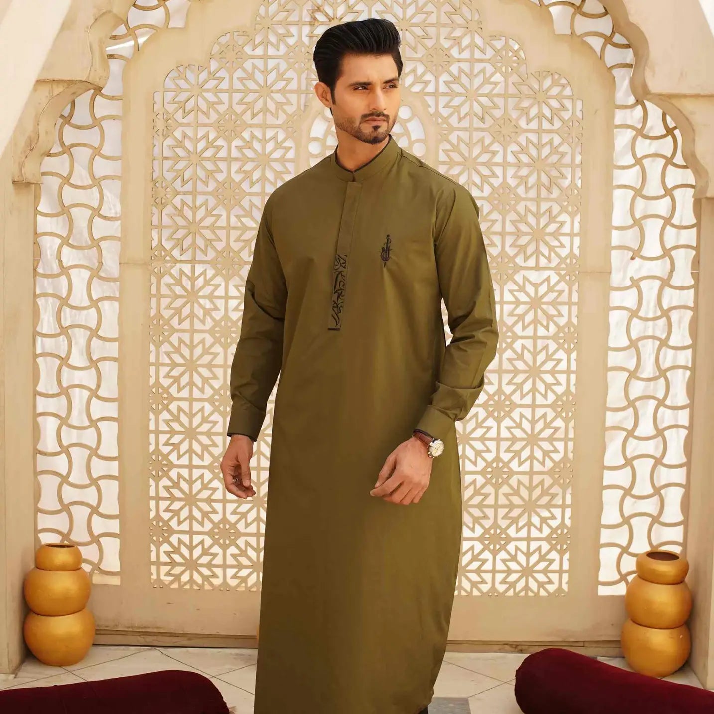 Olive Green Thobe with Arabic Embroidery – USA