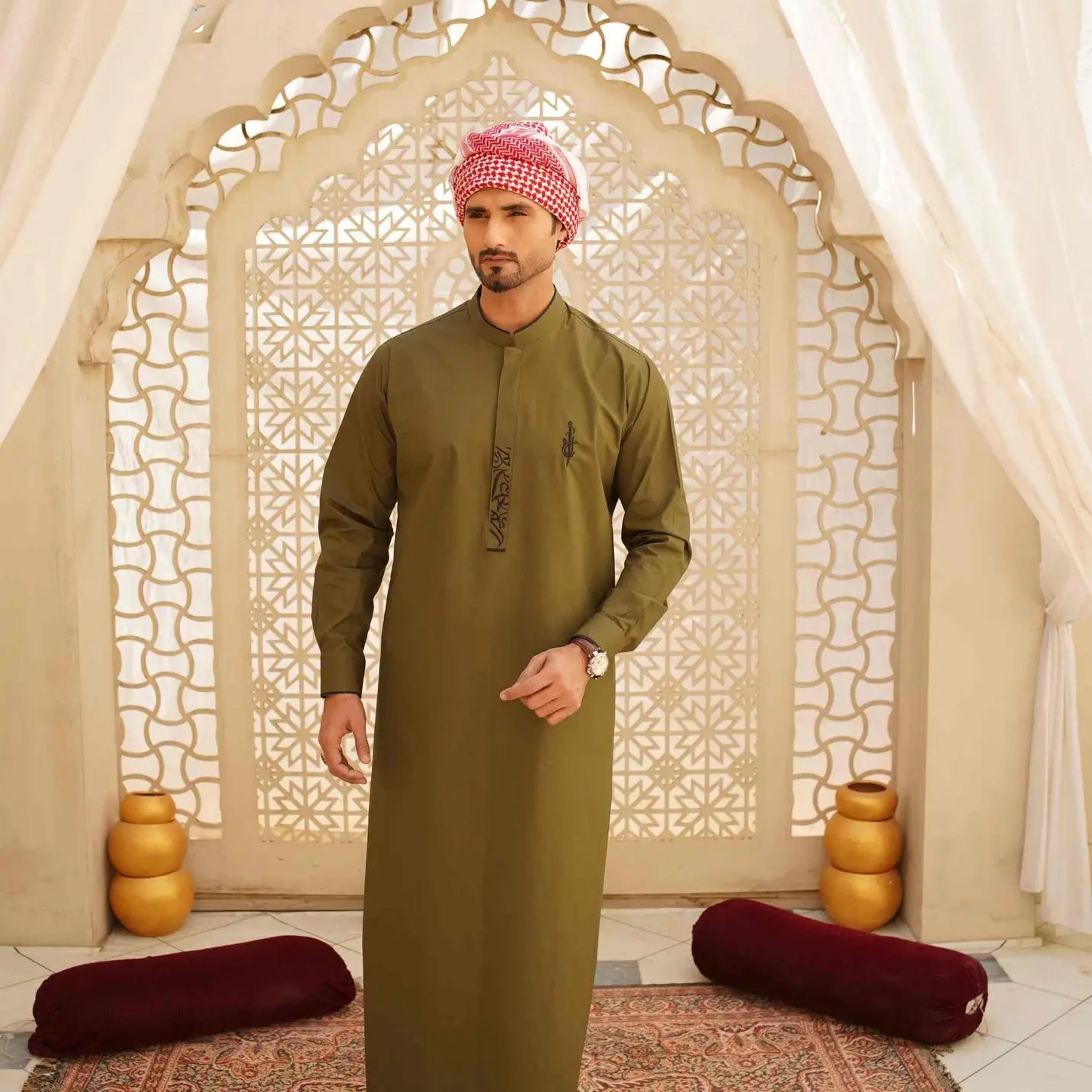 Olive Green Thobe with Arabic Embroidery – USA