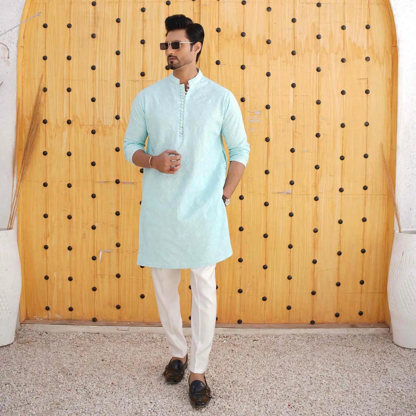 Light Blue Kurta Pajama with Sequin Embroidery – USA
