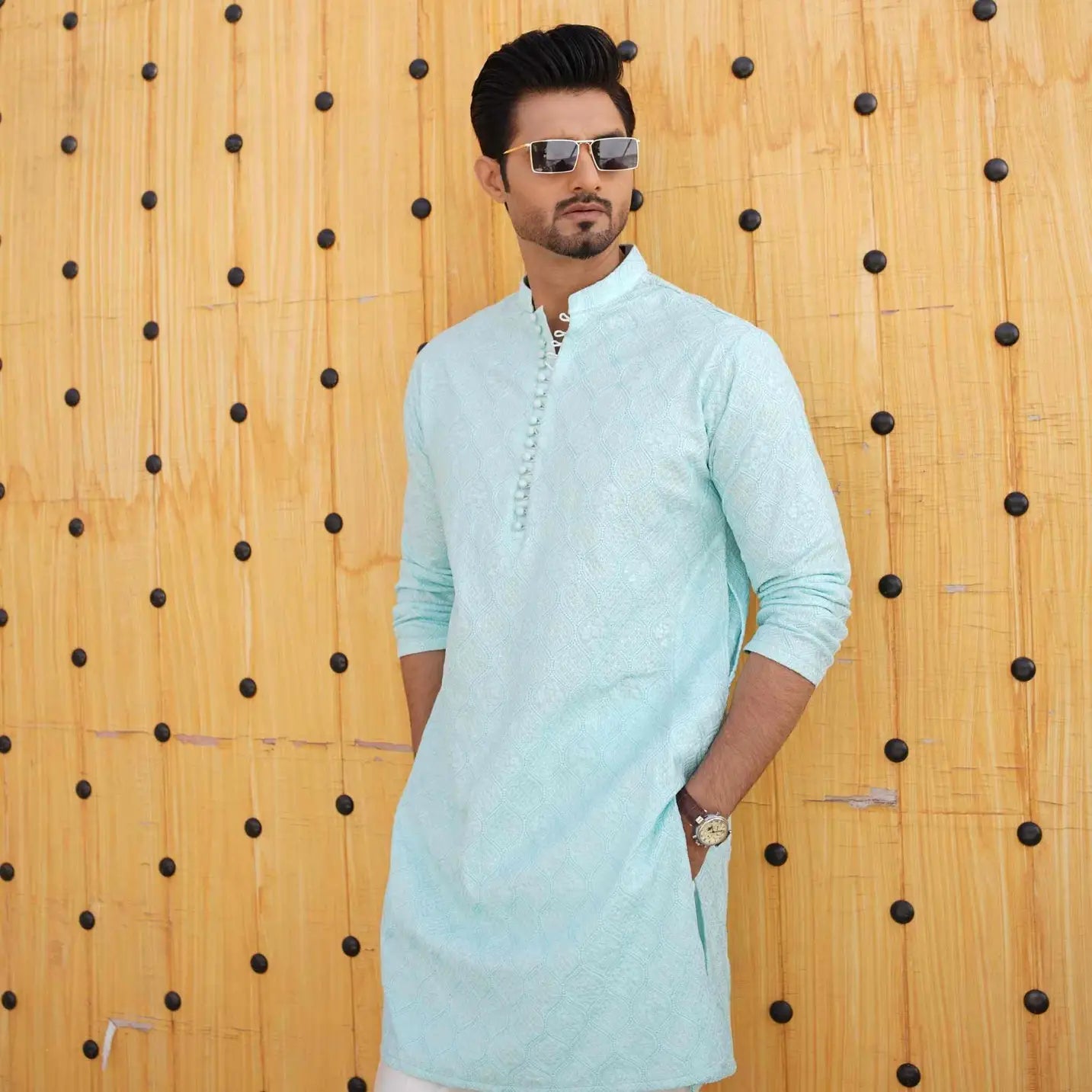 Light Blue Kurta Pajama with Sequin Embroidery – USA