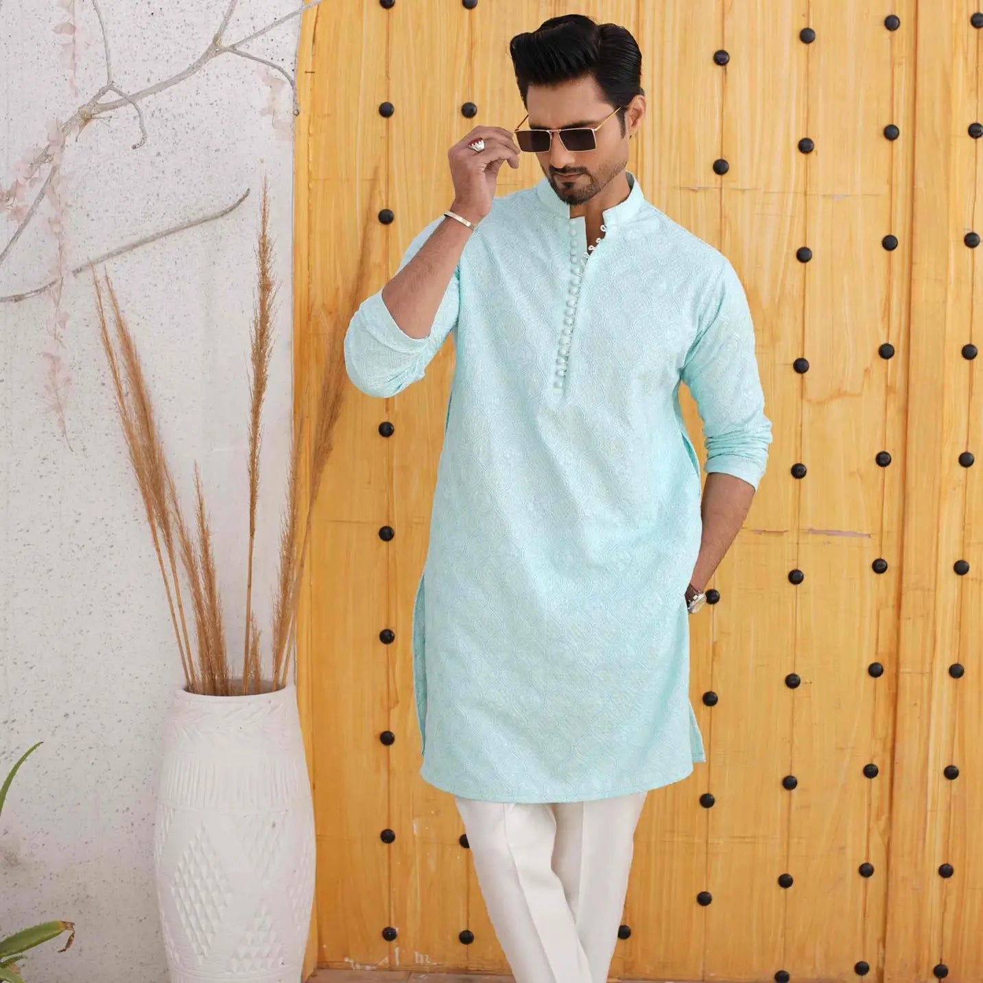 Light Blue Kurta Pajama with Sequin Embroidery – USA