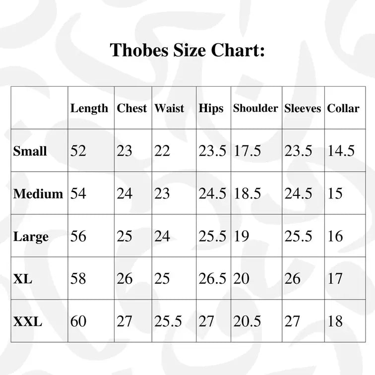 Muslim White Thobe with Arabic Embroidery - Size Chart