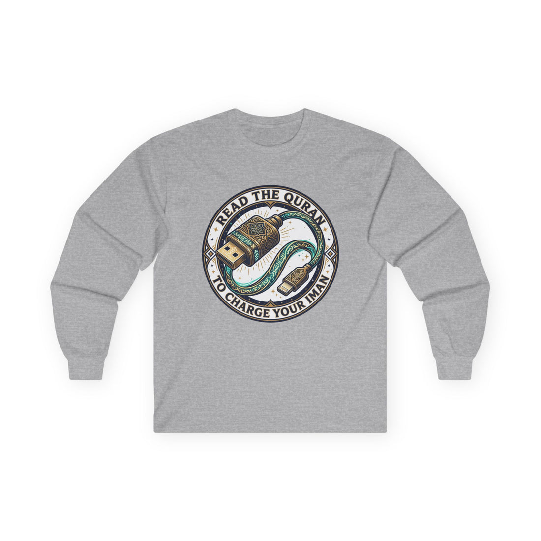 Read the Quran Charge Your Iman Long Sleeve Tee | Islamic Calligraphy, Scroll Motif