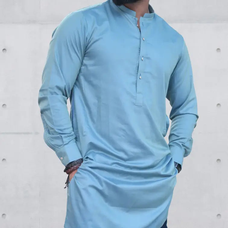 Men's Kurta Pajama – Baby Blue & Green Two-Piece Set