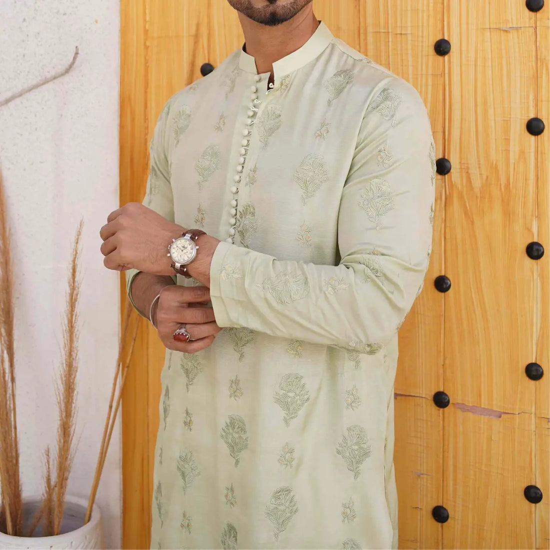 Light Green Kurta Pajama with Tilla Work – USA Eid