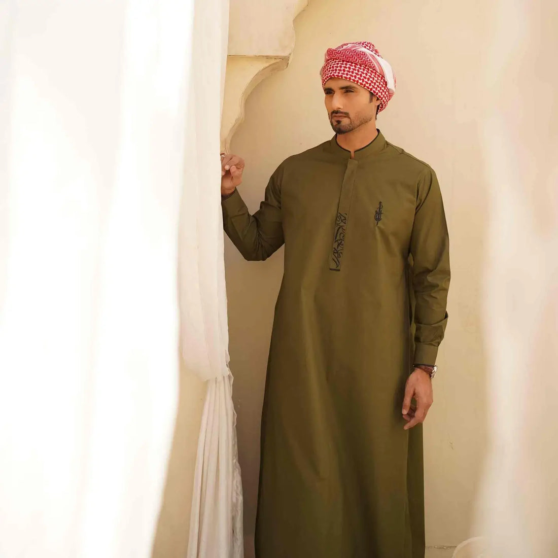 Olive Green Thobe with Arabic Embroidery – USA