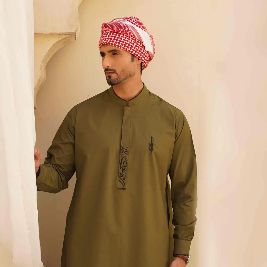 Olive Green Thobe with Arabic Embroidery – USA