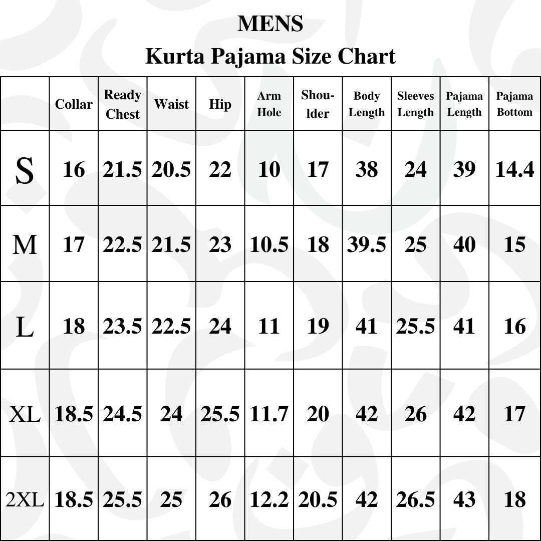Gray Black Kurta Pajama Set - Ball Buttons - Size Chart