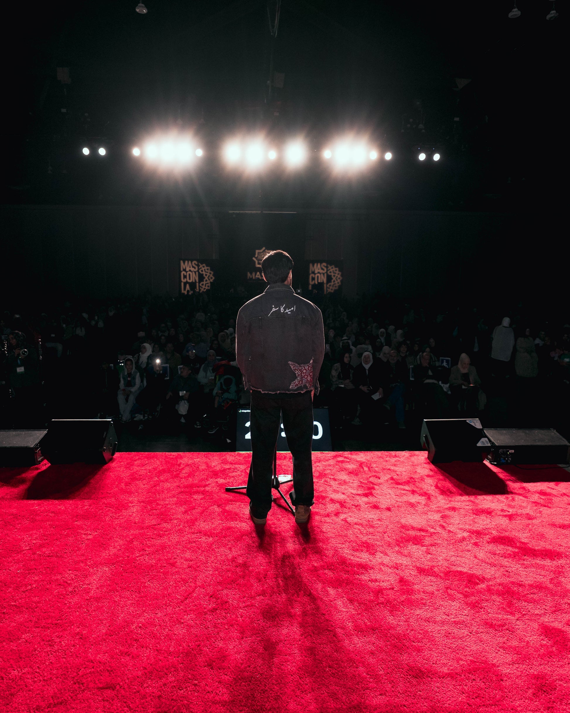 Person standing on a red carpet with stage lights in the background