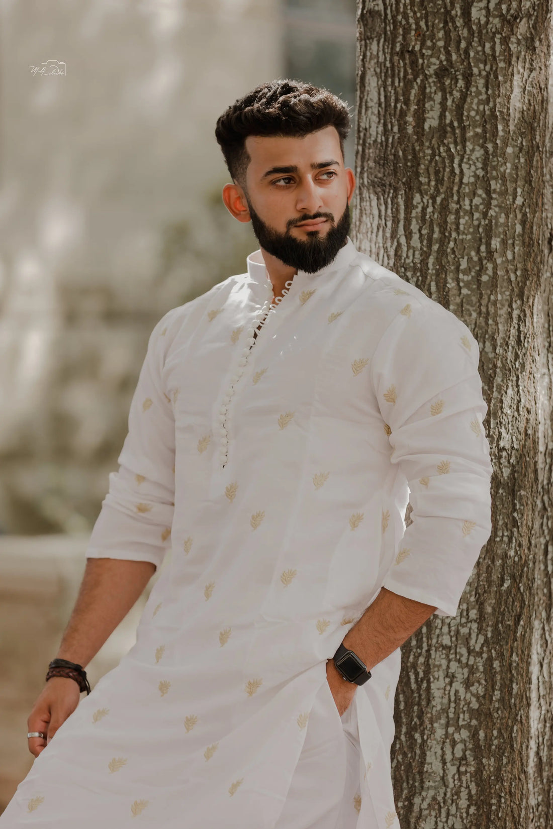 Sultan Kurta Pajama Set with Leaf Embroidery & Ball Buttons